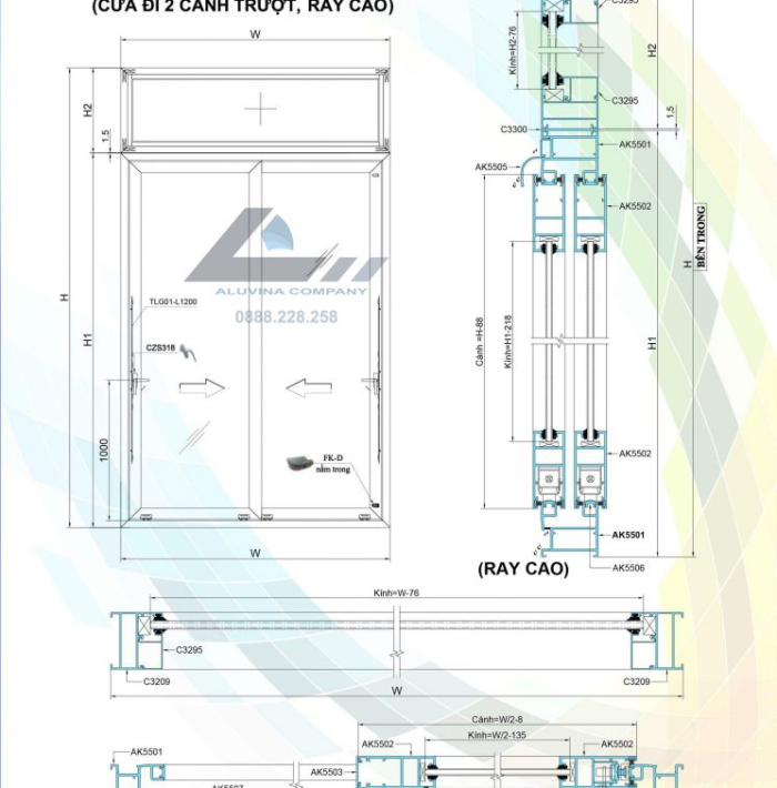 Hệ cửa đi trượt 2 cánh ray cao