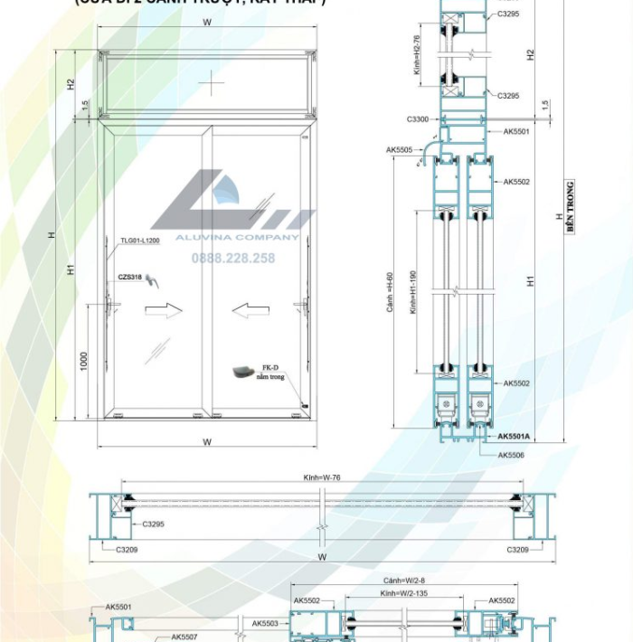 Cửa đi 2 cánh trượt, ray thấp