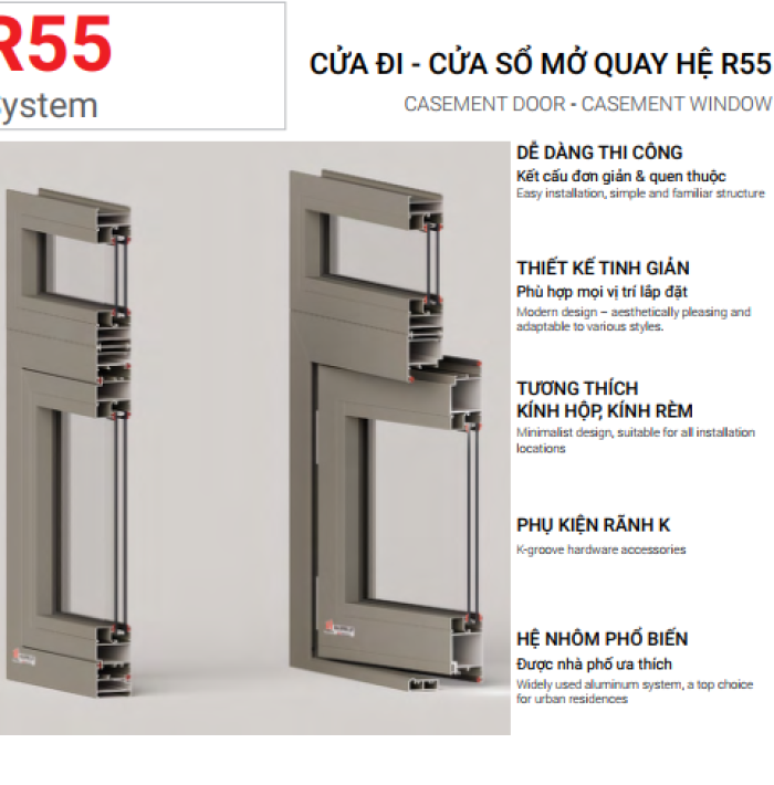 CỬA ĐI CỬA SỔ MỞ QUAY HỆ R55