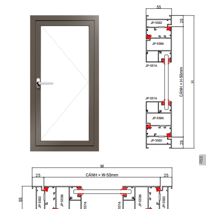 CỬA ĐI CỬA SỔ MỞ QUAY HỆ R55