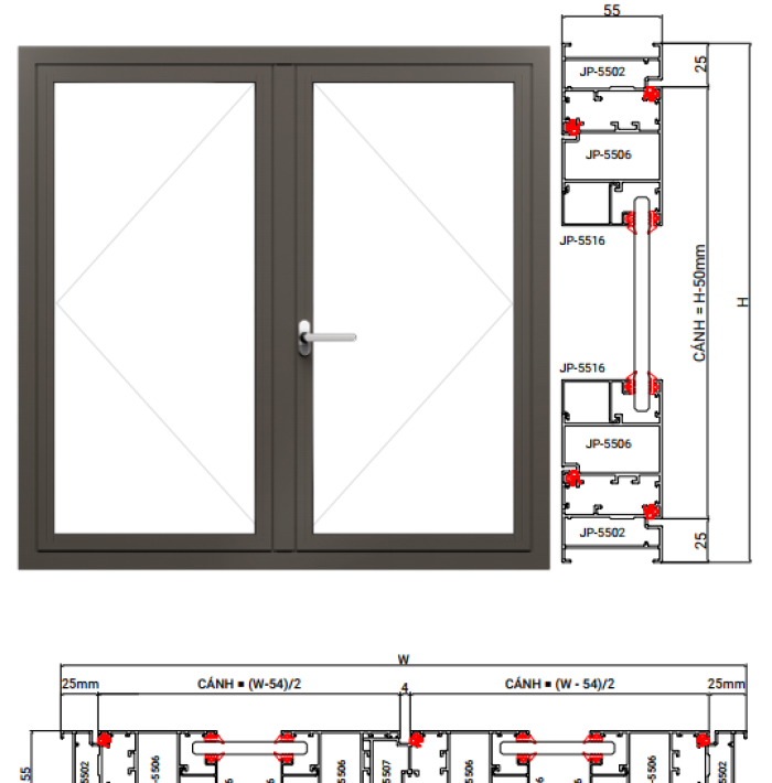 CỬA ĐI CỬA SỔ MỞ QUAY HỆ R55