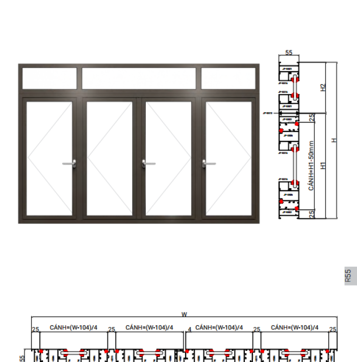 CỬA ĐI CỬA SỔ MỞ QUAY HỆ R55