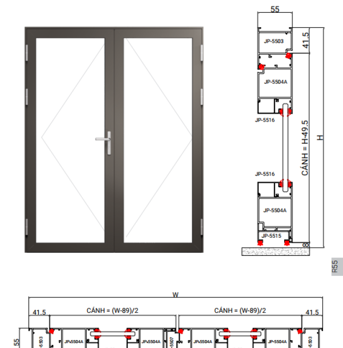 CỬA ĐI CỬA SỔ MỞ QUAY HỆ R55