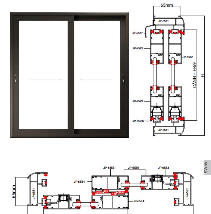 HỆ CỬA SỔ MỞ TRƯỢT SW55